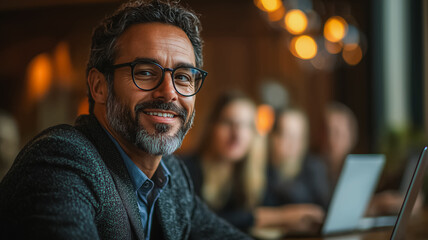 Poster - A man wearing glasses is smiling at the camera
