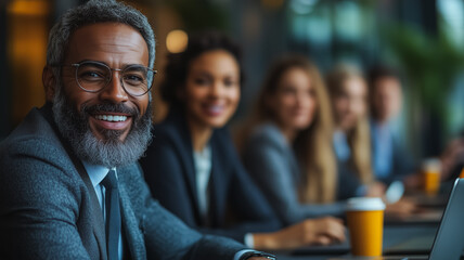 Poster - A man with glasses is smiling at the camera in front of a group of people