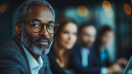 Poster - A man with glasses is sitting in front of a group of people