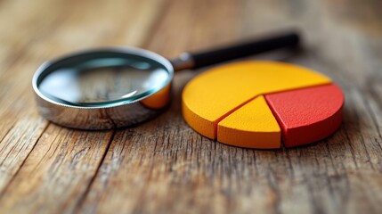 Poster - Magnifying glass next to a 3D pie chart on wood.