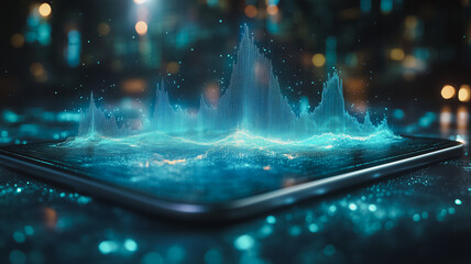 Poster - a tablet with a blue screen showing a cityscape