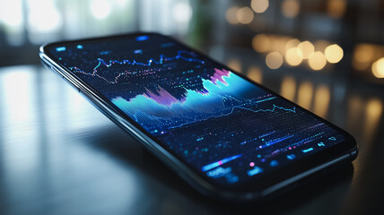 Poster - a cell phone displaying a graph of stock market data