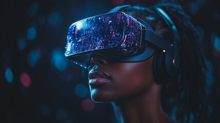 Poster - A woman wearing a virtual reality headset is looking at a computer screen