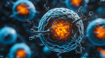 Poster - A close up of a cell with a glowing center. The cell is surrounded by other cells, some of which are also glowing. Concept of mystery and wonder, as the viewer is drawn in by the glowing cells