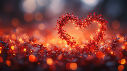 Poster - A heart made of red leaves is on a red background