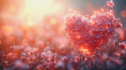 Poster - A heart made of flowers is in a field of pink flowers