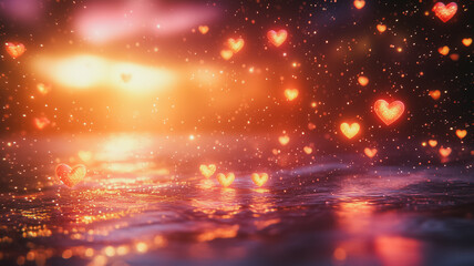Poster - A beautiful sunset with a lot of heart shapes in the water