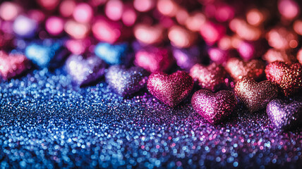 Poster - A bunch of glittery hearts are scattered across a blue background