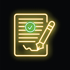 Poster - Neon sign of a document being signed with a pen and a green check mark symbol glowing on black background