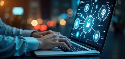 Poster - Business person uses laptop. Virtual screen shows innovation tech icons, security concepts. Person types on laptop keyboard. Night scene. Modern tech tools. Secure data. Person focused. Innovation,