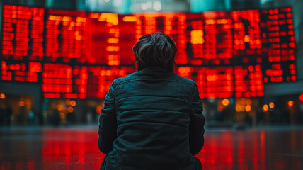 Poster - A person is sitting on the ground in front of a large red screen with many numbe