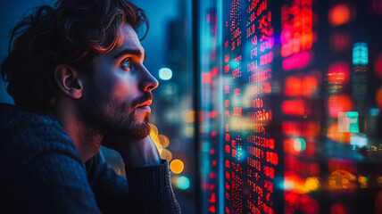 Poster - A man is looking at a computer screen with a lot of numbers on it