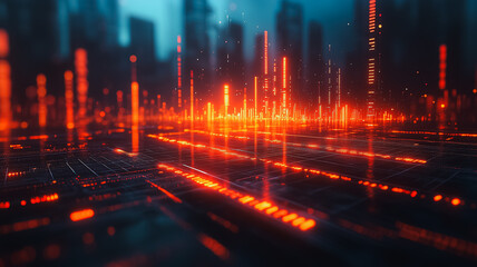 Poster - a computer generated image of a city with orange lines and dots