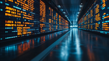 Poster - A long hallway with many computer monitors displaying numbers and letters