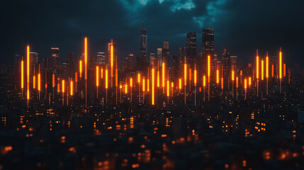 Wall Mural - A city skyline with many tall buildings lit up in orange