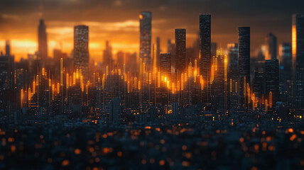 Poster - A city skyline with a sunset in the background