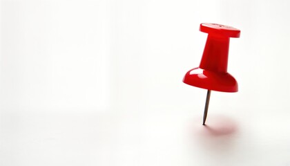 Poster - Bright red push pin on plain white background. Isolated pin. Simple office supply. Useful for marking important info on paper. Useful for presentations, documentation. Pin simple, effective marking