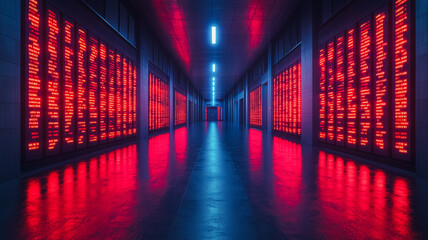 Poster - A long, empty hallway with red lights on the walls. The lights are bright and intense, creating a sense of energy and excitement. The hallway is dimly lit