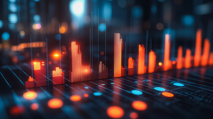 Poster - A computer generated image of a city skyline with orange and blue lines