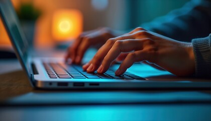 Aufkleber - Close-up hands typing on laptop keyboard at night. Person working at home office. Soft lights blur background. Modern tech device. User inputting data. Night time activity. Digital communication in
