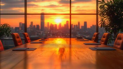 Poster - A large wooden table with a view of the city skyline in the background