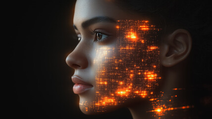 Poster - A woman's face is lit up with glowing, pixelated lights