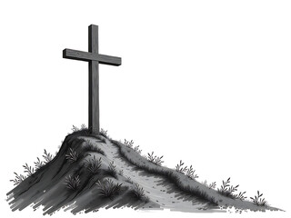 Aufkleber - Painted Christian Cross On A Hill Isolated On White Background With Copy Space In Black And White Simplicity. 00001