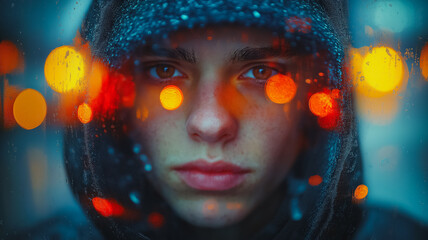 Poster - A woman with a hood over her head is looking at the camera. The image has a blurry, distorted look to it, which gives it a moody and mysterious feel
