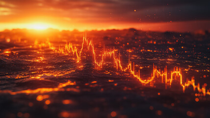 Poster - A sunset over a cityscape with a lot of orange and red colors. The sky is filled with a lot of dots and lines, giving the impression of a busy city. Scene is energetic and lively