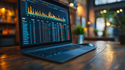 Poster - A laptop displaying a graph of stock prices. The laptop is on a wooden table in a dimly lit room