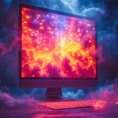Poster - A computer monitor is lit up with a bright orange glow and surrounded by clouds. Concept of chaos and confusion, as if the computer is struggling to process the information on the screen