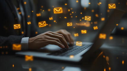 Poster - A man is typing on a laptop with a large number of emails displayed on the screen. Concept of a busy workday, with the man likely working on multiple tasks