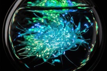 Poster - Illuminated fiber optic strands submerged in liquid, creating an ethereal, vibrant underwater spectacle.