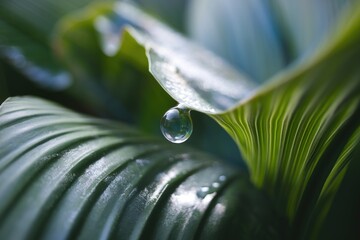 Poster - A single water droplet hangs from a vibrant green leaf, showcasing nature's delicate beauty.