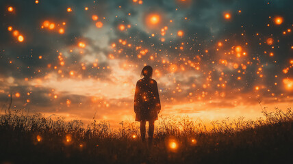 Poster - A woman stands in a field of grass with a bright orange sky in the background. The sky is filled with stars and the grass is illuminated by the light of the stars. The scene is peaceful and serene