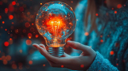 Poster - A person is holding a light bulb in their hand. The light bulb is glowing brightly, and the person is surrounded by a lot of sparkles. Concept of energy and excitement
