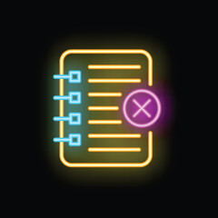 Poster - Bright neon icon of a spiral notebook with a cross mark, symbolizing a rejected or failed task