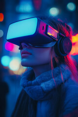 Aufkleber - A woman wearing a virtual reality headset is looking at a screen. Concept of immersion and excitement, as the woman is fully engaged in the virtual world
