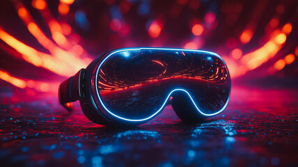 Poster - A pair of virtual reality goggles with a blue light on the side. The goggles are on a dark surface with a red background