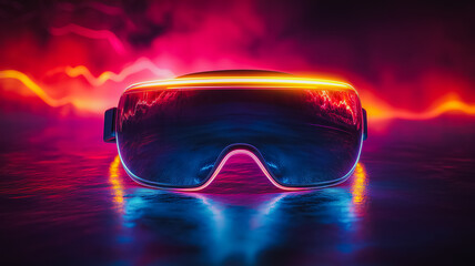 Poster - A pair of neon colored goggles with a blue lens. The goggles are lit up and appear to be glowing in the dark
