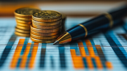 Poster - A pen is on top of a pile of coins. The coins are gold and the pen is black