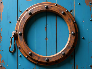 Poster - Old Wooden Porthole Is Closed, Its Empty Frame Surrounded By A Worn Blue Background With Visible Knots In The Grain. 00002