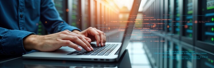 Poster - Person codes on laptop in data center. Person works on digital tech. Coding in futuristic tech environment. Programmer uses laptop. Person works on programming, software dev. Data management system