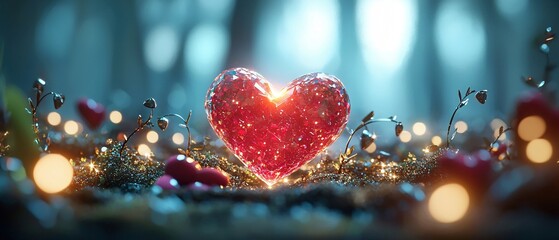 Poster - Happy valentine celebration. A sparkling heart centerpiece surrounded by dreamy forest lights and foliage.