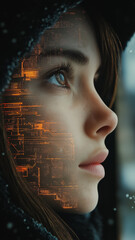 Poster - A woman's face is shown in a photo with a cityscape in the background. The photo is a collage of the woman's face and the cityscape, creating a surreal and dreamlike effect