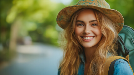 Wall Mural - A woman with long blonde hair is smiling and wearing a straw hat