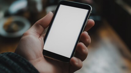 Poster - A person is holding a cell phone with a white screen. The phone is on a table with a cup and a bowl nearby