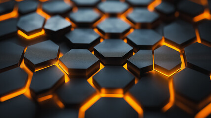 Sticker - A close up of a black and orange hexagonal pattern. The black and orange colors create a striking contrast, and the pattern appears to be made up of small cubes. The image has a futuristic