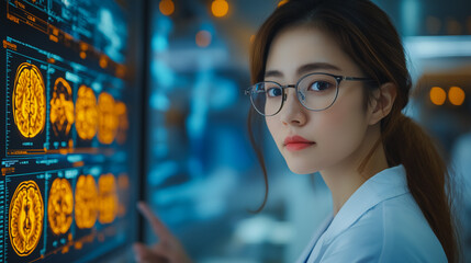 Poster - A woman wearing glasses is looking at a computer monitor displaying a series of brain scans. She is pointing at one of the scans, possibly indicating a specific area of interest or concern