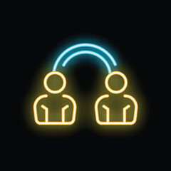 Poster - Neon sign depicting two stylized figures linked by a glowing arch, representing the concept of connection and communication
